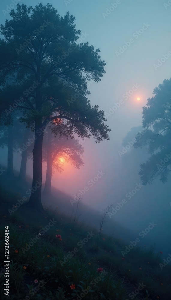 Obraz premium Ethereal misty landscape with glowing trees and shimmering lights, mystical, backdrop