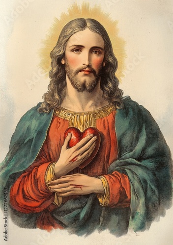 Classic illustration of Sacred Heart of Jesus, featuring radiant heart held by figure with long hair and serene expression, symbolizing divine love and compassion