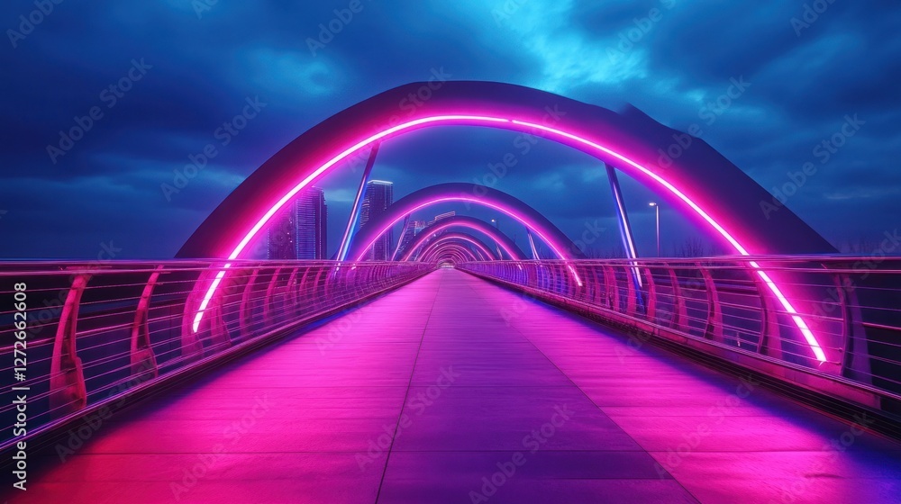 Fototapeta premium Neon Nightscape: A Vibrant Bridge at Dusk