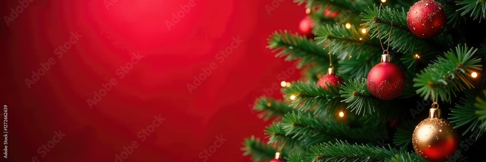 Evergreen Christmas tree with ornaments on red background and soft light, mistletoe, snowflakes, Christmas decorations Evergreen Christmas tree with ornaments on red background and soft light, mistletoe, snowflakes, Christmas decorations