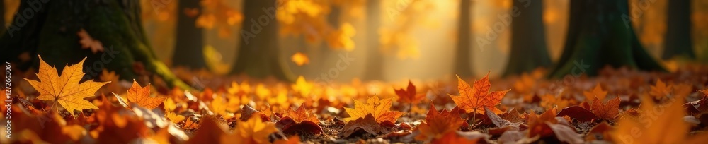 Falling golden maple leaves on a forest floor, landscape, nature Falling golden maple leaves on a forest floor, landscape, nature