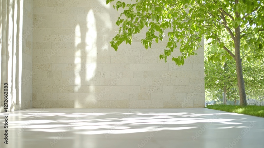 Obraz premium Modern light-filled interior with trees, sunlight, and shadows