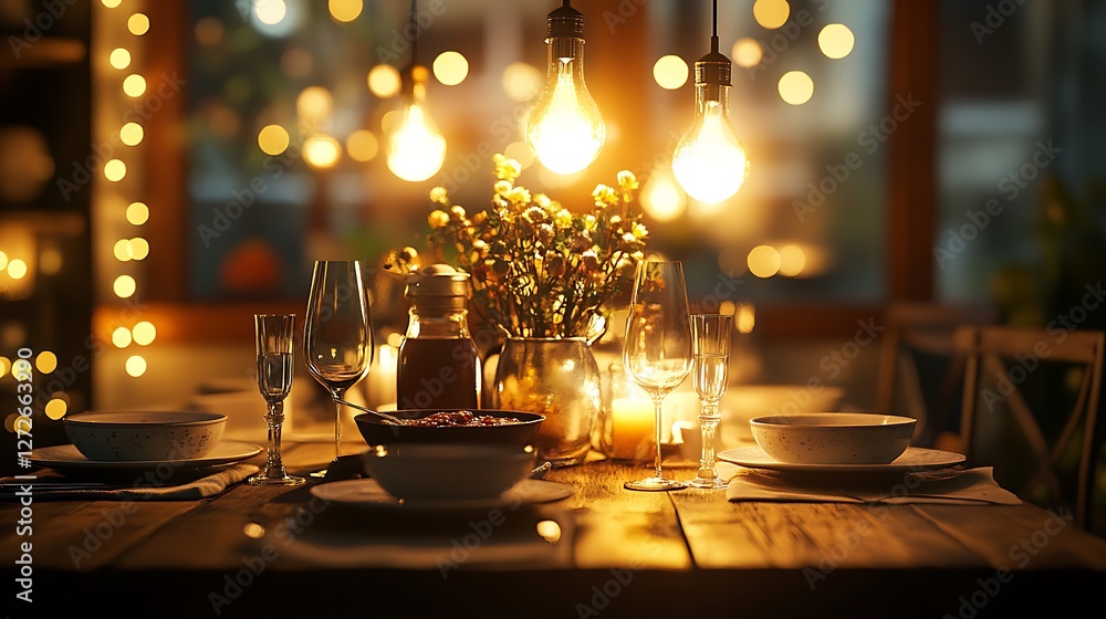 Fototapeta premium A heartfelt Sunday family dinner, a grandmother’s famous soup being served in delicate ceramic bowls, a rustic dining room with wooden accents, warm golden glow from hanging lights,