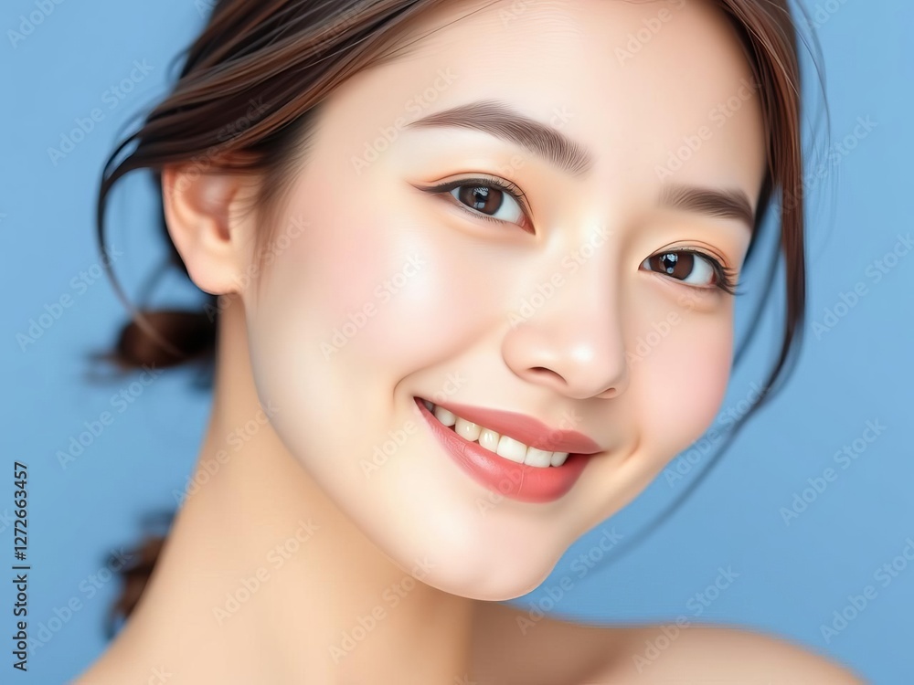 Obraz premium Close up portrait of beautiful Korean woman with healthy smile and clear facial skin on blue background, blue background, portrait, beauty