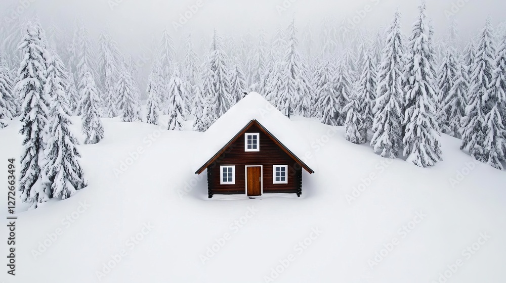 Naklejka premium A cozy wooden cabin surrounded by snow-covered trees in a winter wonderland