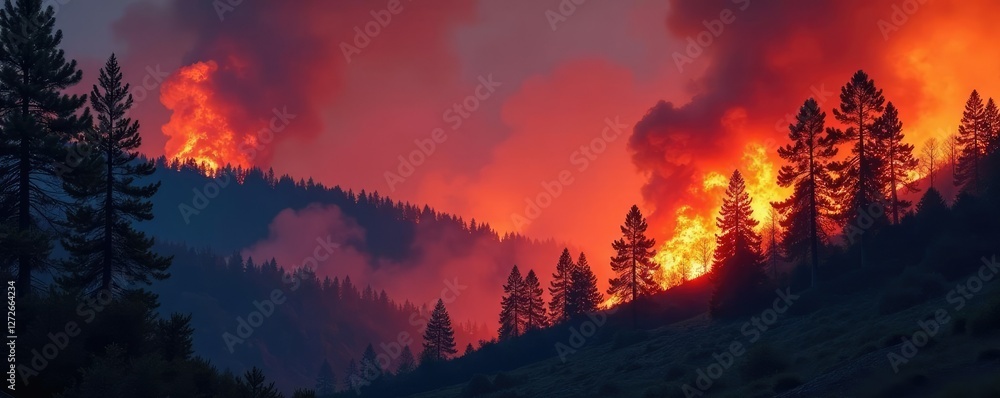 Flames engulfing trees in a vast forest landscape, forest fire, wildfire forest fires Flames engulfing trees in a vast forest landscape, forest fire, wildfire forest fires