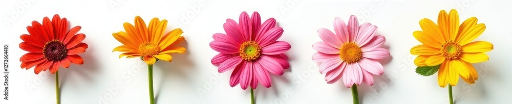 Floral arrangement of three CBD flowers in a row on a white background, strawberry plant, flower arrangement Floral arrangement of three CBD flowers in a row on a white background, strawberry plant, flower arrangement