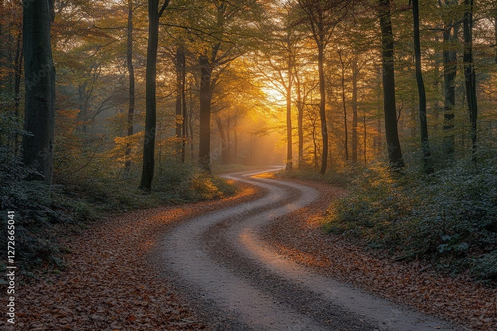 Fototapeta premium Golden Sunlight Path Through Autumn Forest