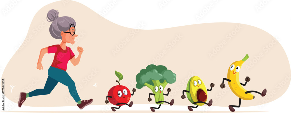 Fototapeta premium Happy Senior Lady Living a Healthy Lifestyle Vector Illustration. Energetic and strong elderly woman being in shape and health conscious 