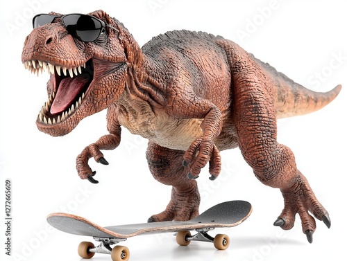 A playful dinosaur figure wearing sunglasses rides a skateboard indoors, showcasing fun