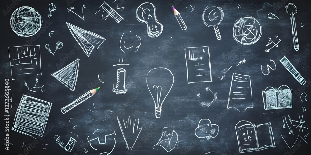 Creative Chalkboard Design with Educational Symbols and Abstract Elements for Learning and Teaching Environments Creative Chalkboard Design with Educational Symbols and Abstract Elements for Learning and Teaching Environments