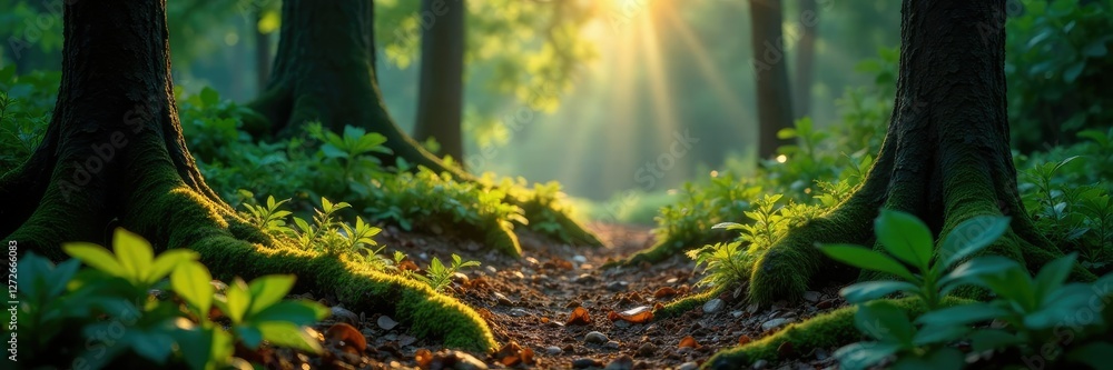 Forest floor illuminated by soft, pulsing light, foliage, earthy