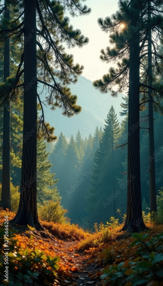 Fototapeta premium Forest landscape with tall trees, green pine branches, and golden leaves in the foreground, landscape, nature