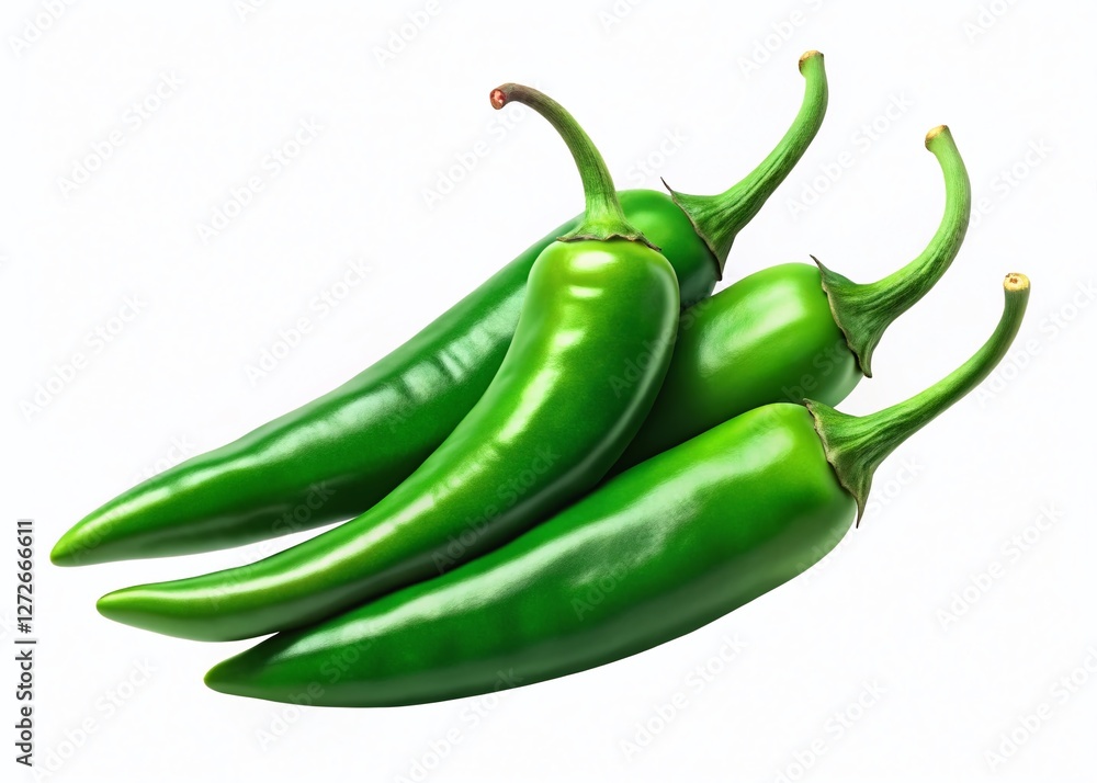 Three Green Chili Peppers, Top View, Isolated on White Background Three Green Chili Peppers, Top View, Isolated on White Background