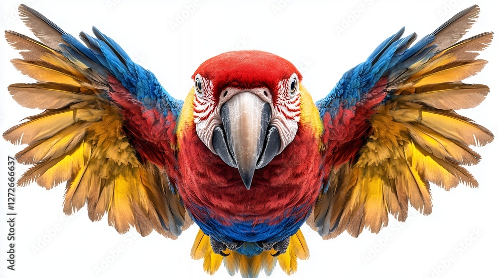 Fototapeta premium Vibrant Macaw in Flight Against White Background