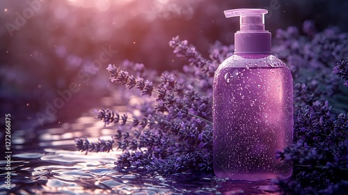 Lavender-infused liquid soap bottle near blooming lavender, sunset background;  for beauty product advertising