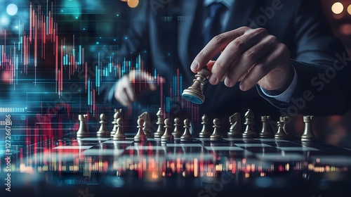 Business Executive Strategizing Moves in Chess with Financial Charts in Background for Corporate Imagery