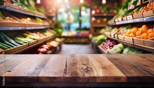 Market Fresh: A sun-drenched grocery market, shelves overflowing with a colorful bounty of fresh produce. Inviting wooden table in the foreground sets the stage for a culinary delight.
