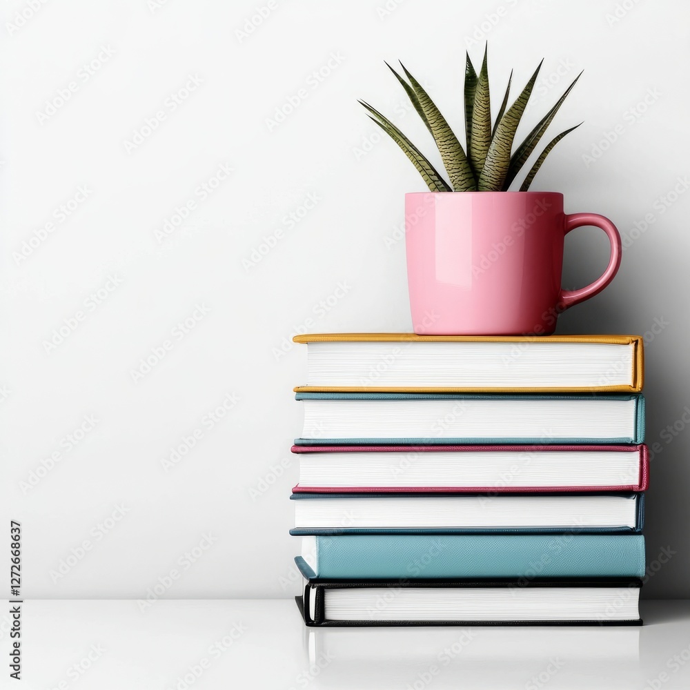 A stack of colorful books with a pink mug and a succulent plant on top A stack of colorful books with a pink mug and a succulent plant on top