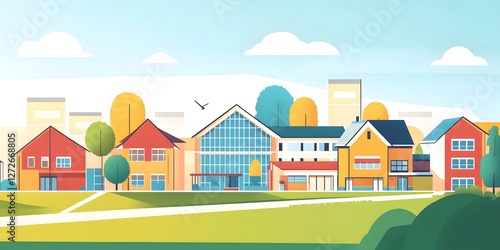 Vibrant Flat Art of a Modern School District with Multiple Buildings and Scenic Landscape