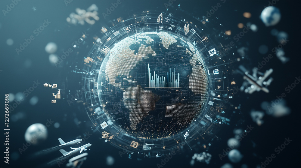 Obraz premium Global Connectivity: A stunning digital representation of our interconnected world, showcasing the flow of information, transportation, and technology across continents. 