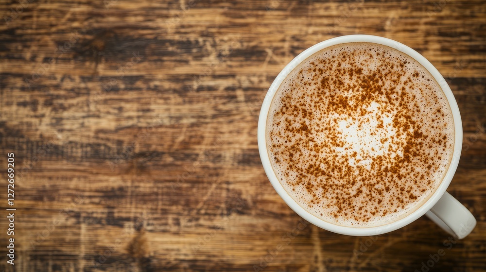 A steaming cup of cappuccino on a rustic wooden table with scattered cocoa A steaming cup of cappuccino on a rustic wooden table with scattered cocoa