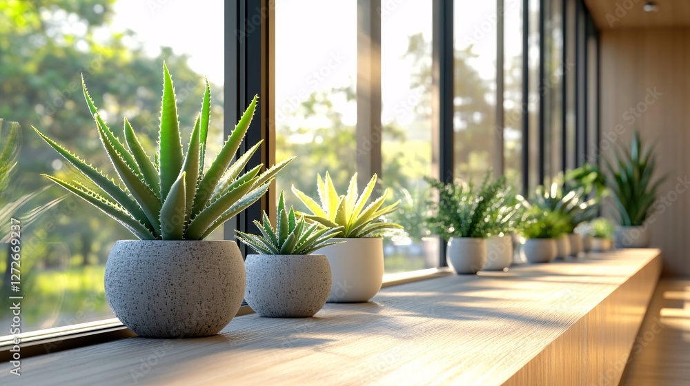 Fototapeta premium Sunlit Succulents Arranged On A Windowsill