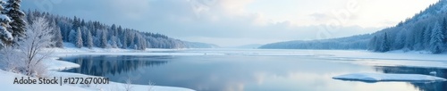 A windy lake with a frozen water surface and snowy trees in the background, natural, peaceful, arctic landscape