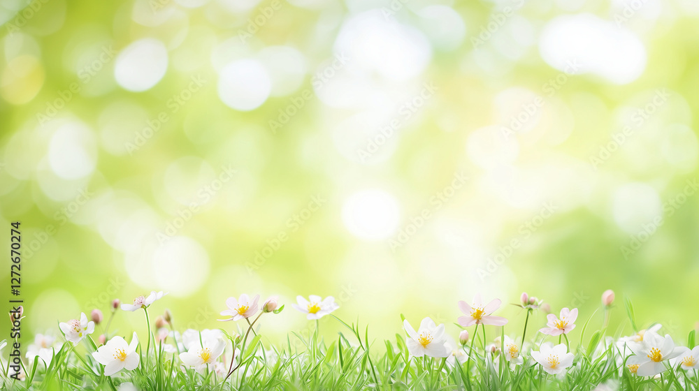 Fototapeta premium Spring's Gentle Embrace: A close-up of a sun-dappled field bursting with wildflowers and lush greenery, it's a serene invitation to nature's beauty and renewal.