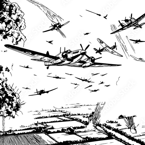 World War II Naval Battle Illustration – Warships and Fighter Planes