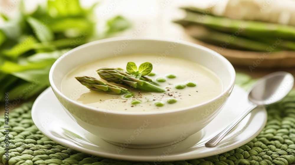 white bowl of creamy soup with fresh asparagus spears on a green woven placemat. The bowl is placed on a white plate with a spoon on the side white bowl of creamy soup with fresh asparagus spears on a green woven placemat. The bowl is placed on a white plate with a spoon on the side