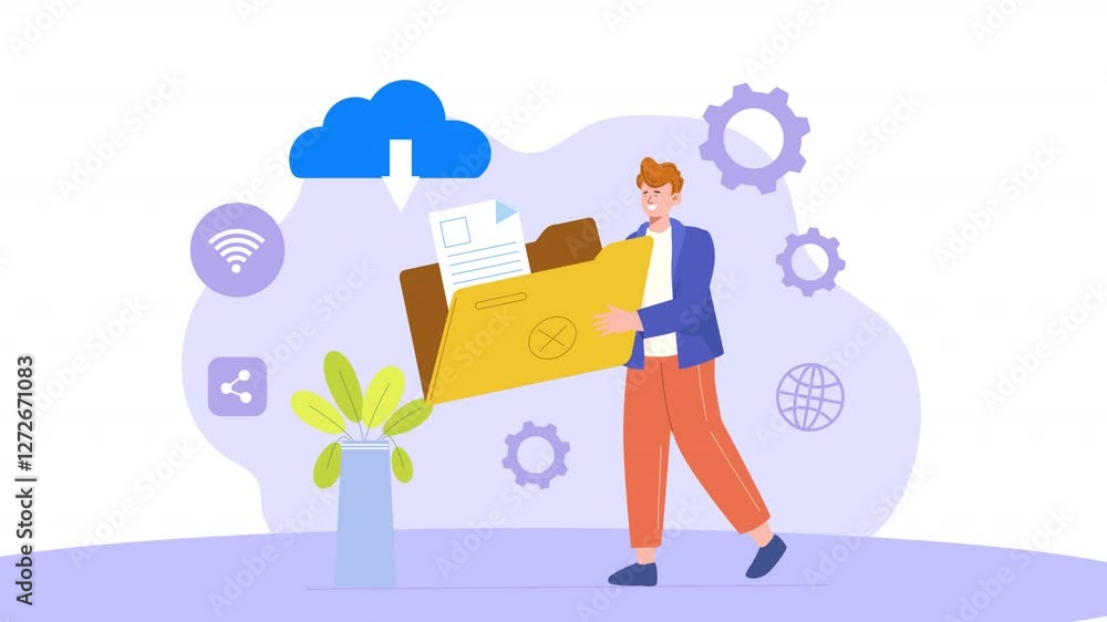 Flat-style scene animation showing the process of downloading files ...