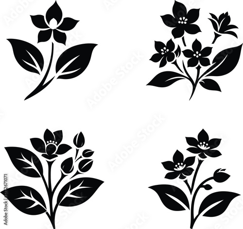 A set of black and white jasmine flower silhouette designs, Jasmine logo design, flower logo and icons bundle