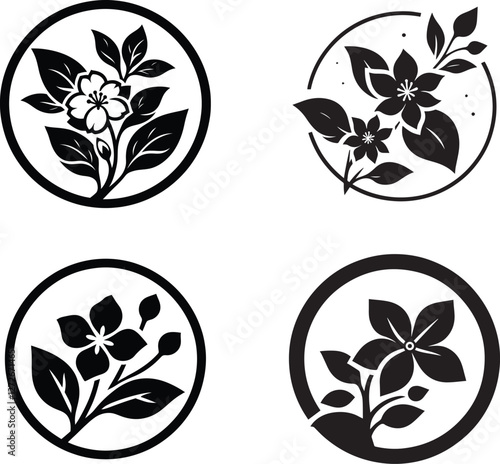 A set of black and white jasmine flower silhouette designs, Jasmine logo design, circle logo, flower logo and icons bundle