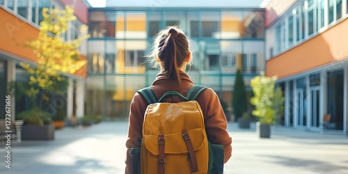 Realistic Portrait of a Female Student Standing with Backpack in an Educational Environment