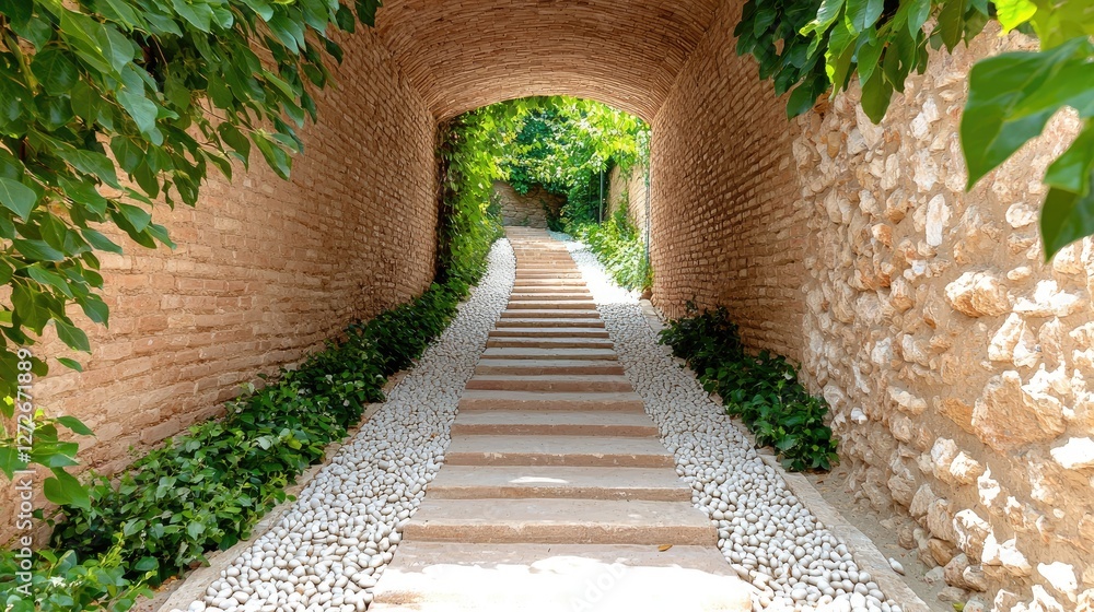Obraz premium Stone stairway through arched passage, garden backdrop