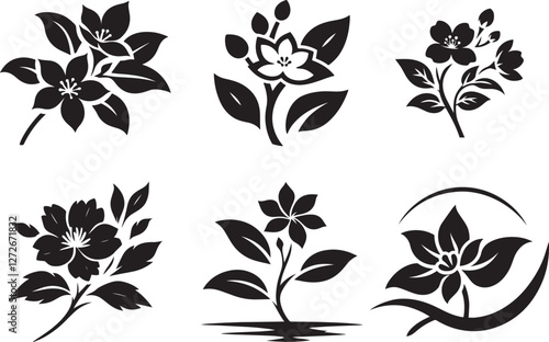 A set of black and white jasmine flower silhouette designs, Jasmine logo design, flower logo, and icons bundle