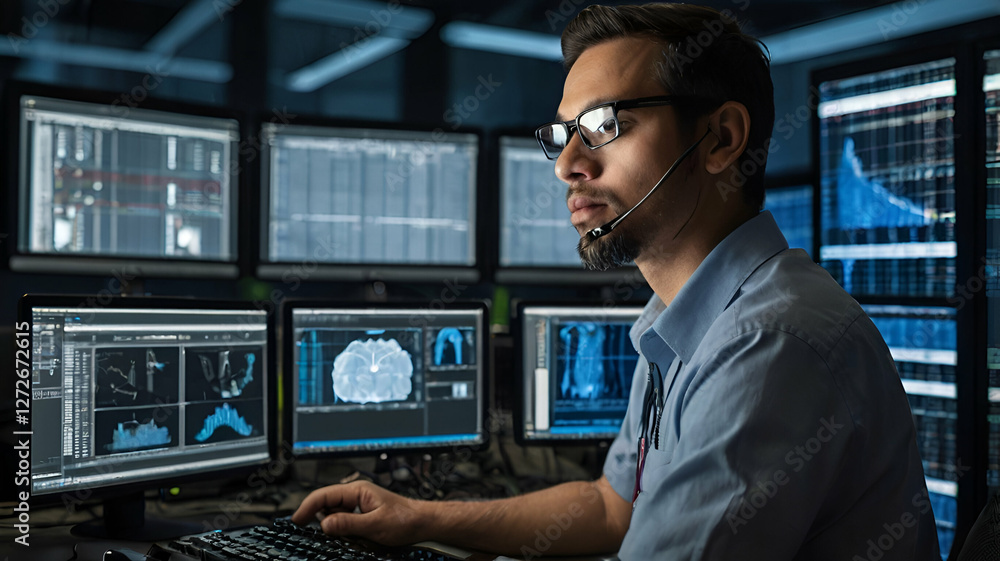 A data scientist analyzing a holographic dashboard of big data.
A data scientist analyzing a holographic dashboard of big data.