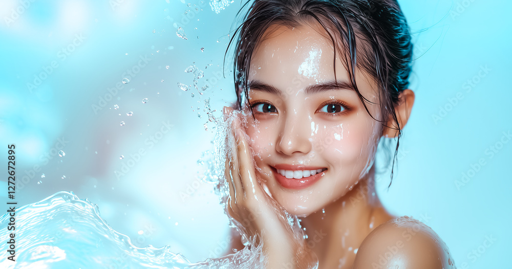Woman enjoying a refreshing splash of water with a joyful expression under bright lighting. Woman enjoying a refreshing splash of water with a joyful expression under bright lighting.