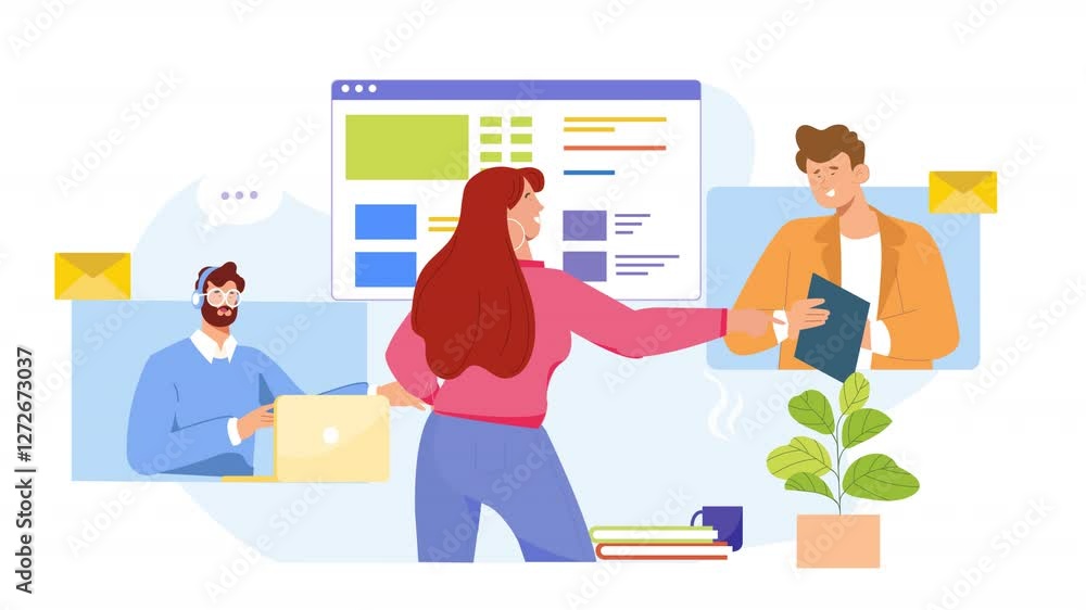 Flat-style scene animation focusing on communication, with characters participating in discussions, meetings, and exchanging ideas through various digital communication platforms. Flat-style scene animation focusing on communication, with characters participating in discussions, meetings, and exchanging ideas through various digital communication platforms.