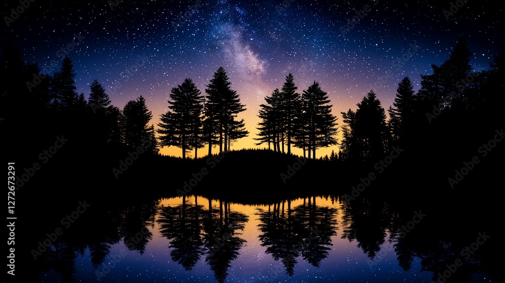 Milky Way over tranquil lake reflecting silhouetted pine trees at sunset. Milky Way over tranquil lake reflecting silhouetted pine trees at sunset.