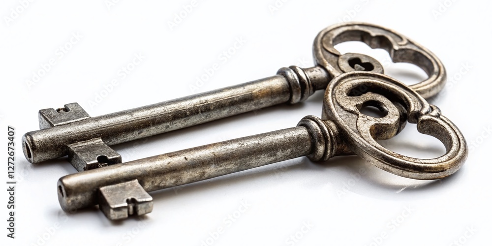 Two Antique Silver Keys on White Background - Urban Exploration Photography Stock Photo Two Antique Silver Keys on White Background - Urban Exploration Photography Stock Photo