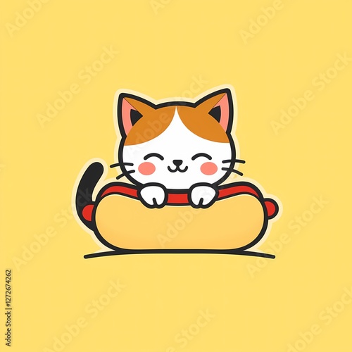 Cute calico cat mascot hugging hotdog for street food business logo photo