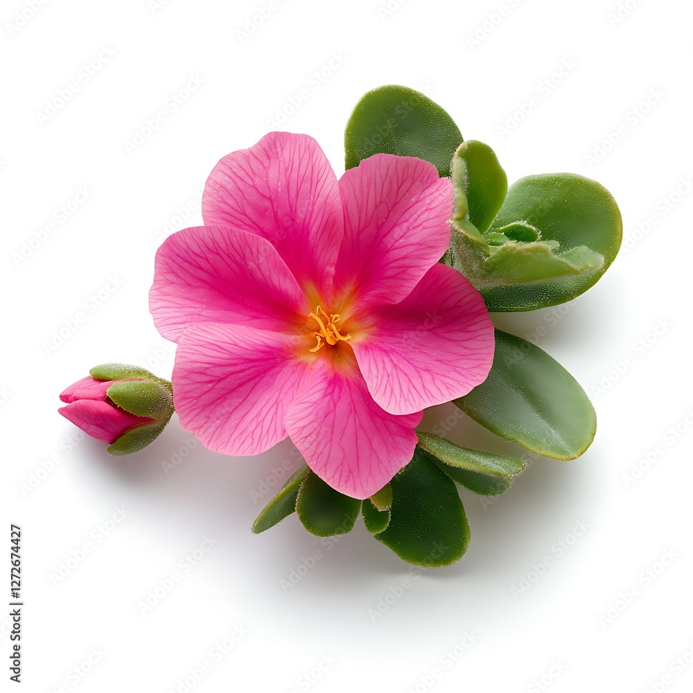 Obraz premium pink flower isolated on white background close up. Flat lay, top view.