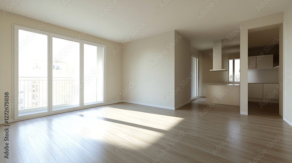 Fototapeta premium Contemporary and spacious empty apartment with large windows and wooden flooring inviting natural light : Generative AI