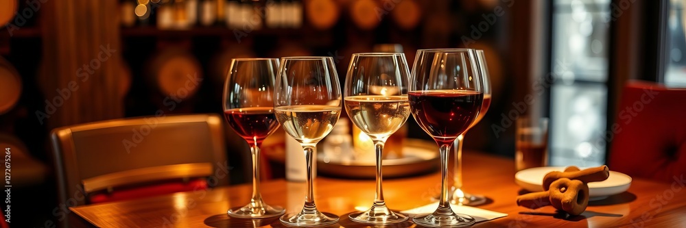 Two elegant glasses of white and red wine on a wooden table, elegant, liquid, refreshment Two elegant glasses of white and red wine on a wooden table, elegant, liquid, refreshment