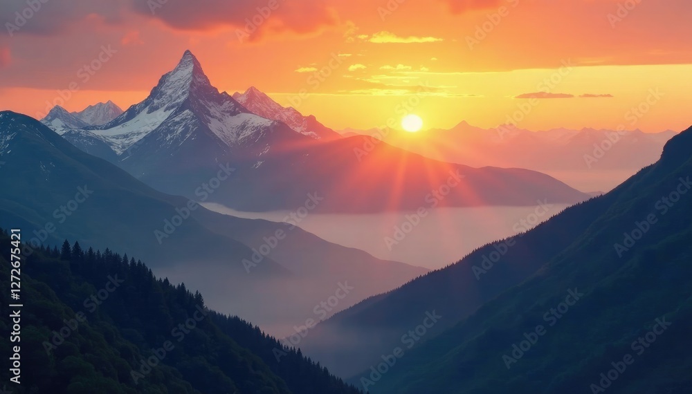 Fototapeta premium Golden sunrise over mystical mountain range with radiant mist and fog, snow-capped peaks, peaceful dawn