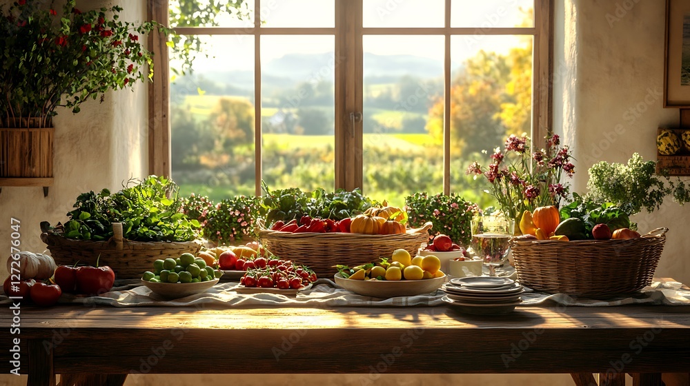 A traditional farm-to-table dinner, a wooden table with rustic linen, baskets of fresh produce, a scenic countryside landscape visible through the window, warm golden light, A traditional farm-to-table dinner, a wooden table with rustic linen, baskets of fresh produce, a scenic countryside landscape visible through the window, warm golden light,