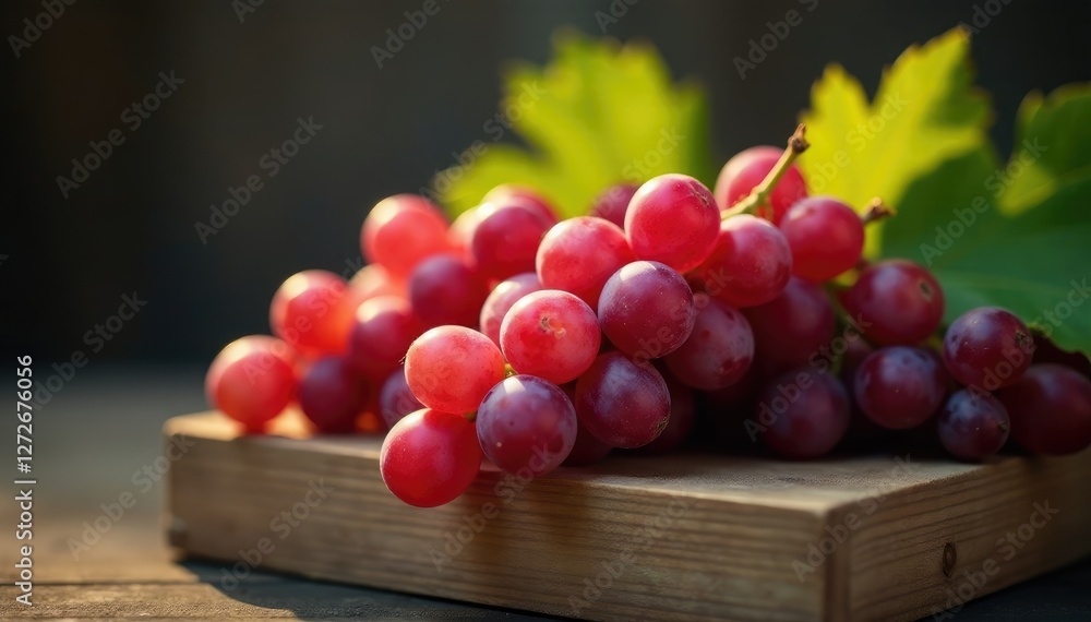 Grapes on a wooden crate under dim morning light, morning, still life Grapes on a wooden crate under dim morning light, morning, still life