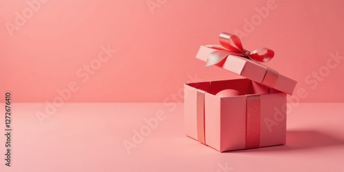 An alluring coral pink gift box, elegantly adorned with a rose gold ribbon, is partially opened, revealing a hint of its contents against a soft pink backdrop.